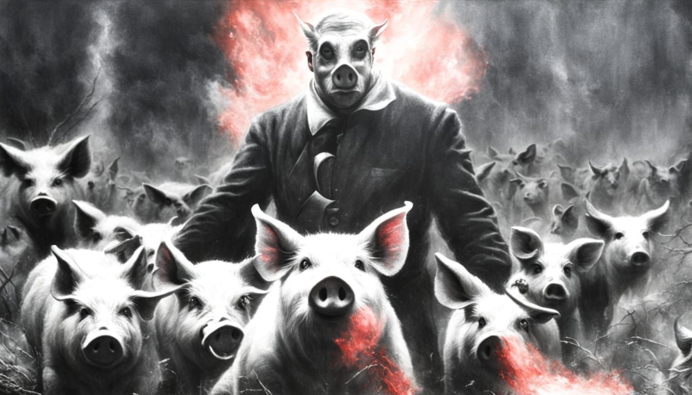 Satan Surrounded by Pigs in Dark Fantasy Art