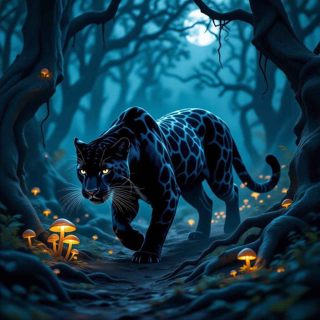 Panther with Giraffe Spots in Moonlit Forest