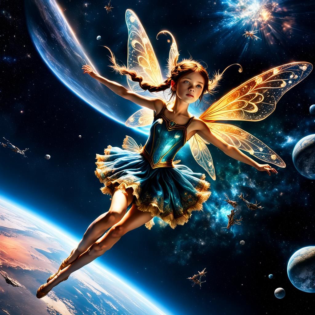 Hyperrealistic Fairy Floating in Detailed Space Scene