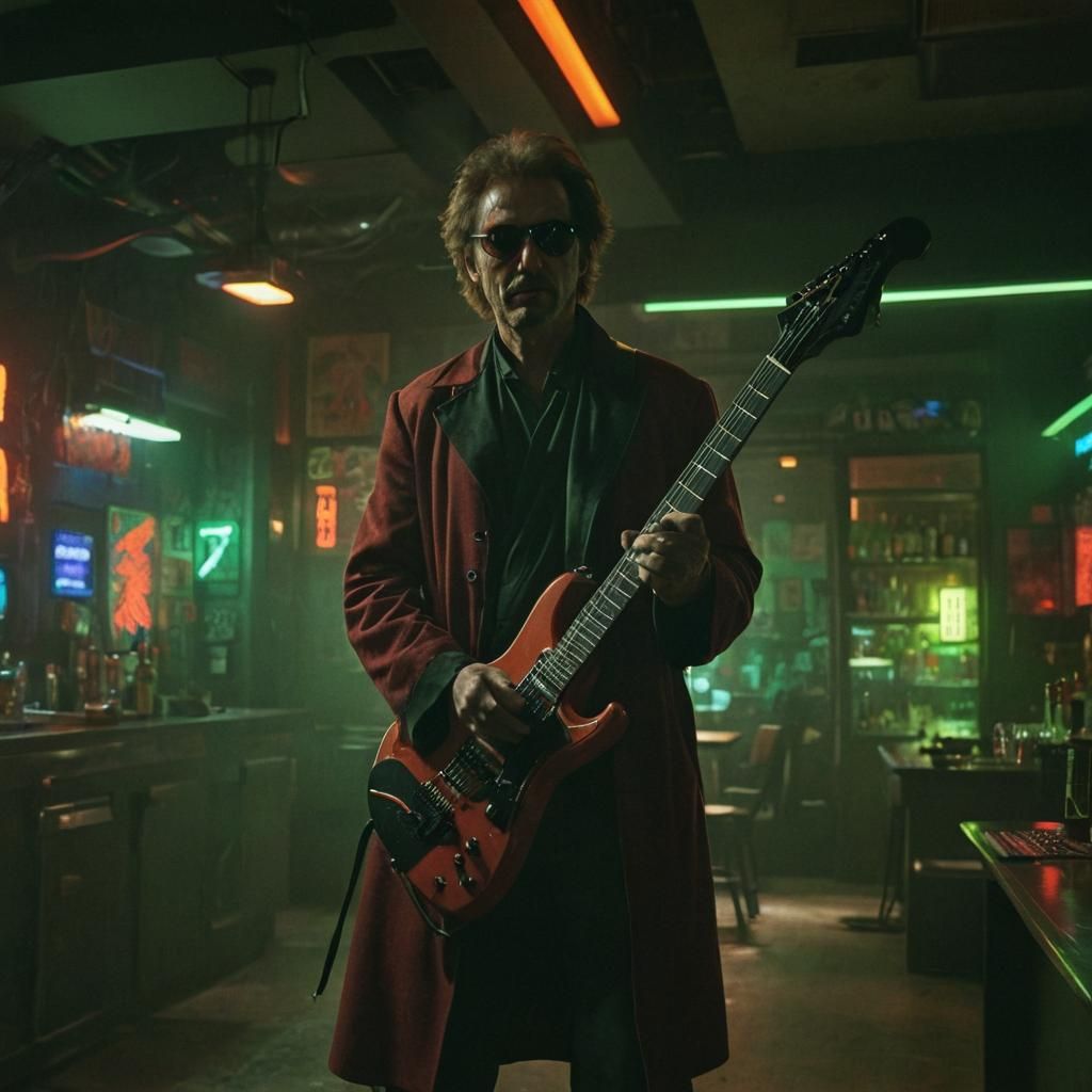 Man in Futuristic Bar with Guitar and Katana