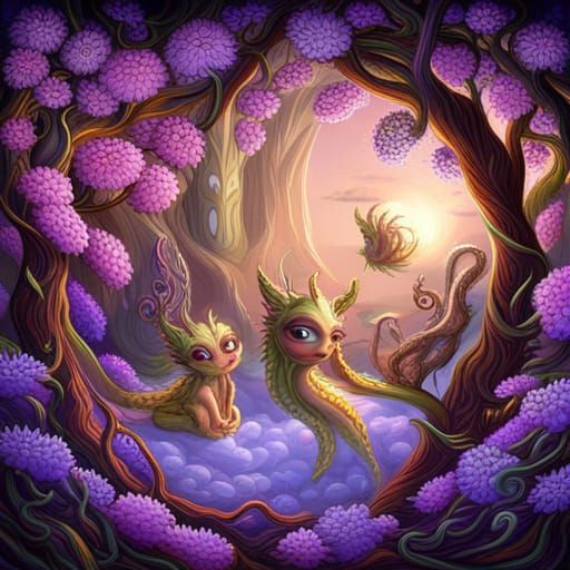 Joyful Alien Creatures in Blossom Gardens