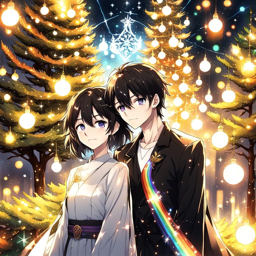 Anime Couple in Love Under Rainbow Christmas Lights