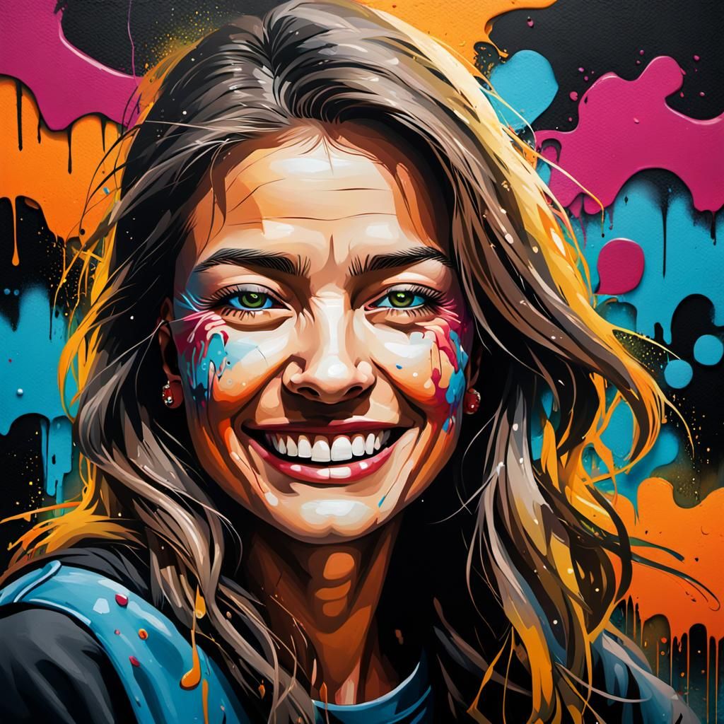 Vibrant Graffiti Art Portrait of a Smiling Woman