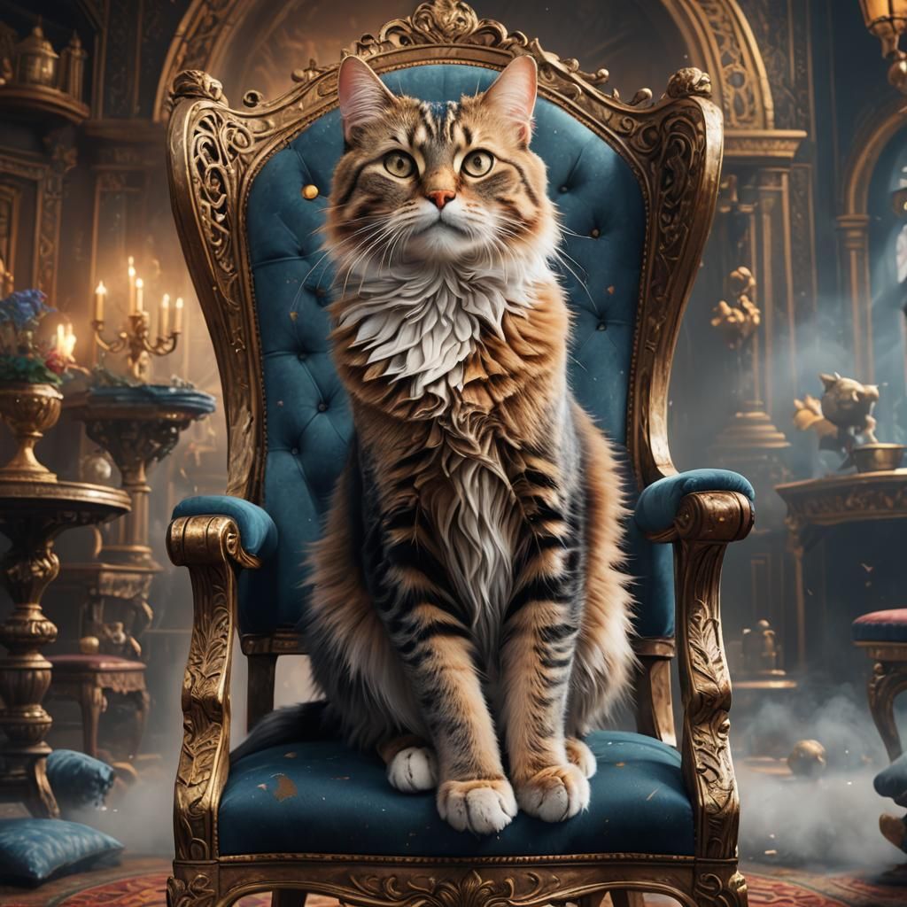 Cat on Chair: Detailed Matte Painting in Deep Color