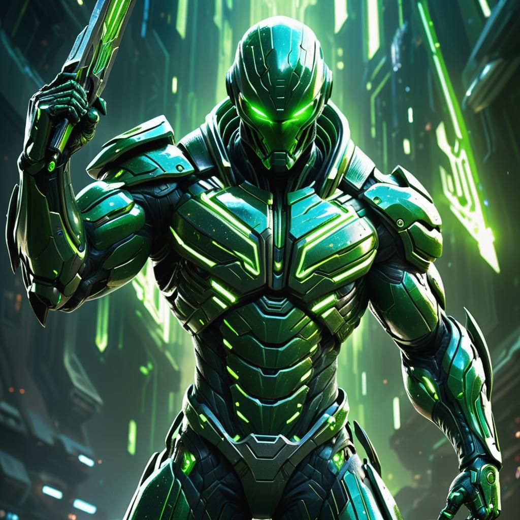 Cyberpunk Cosmic Assassin with Glowing Blades