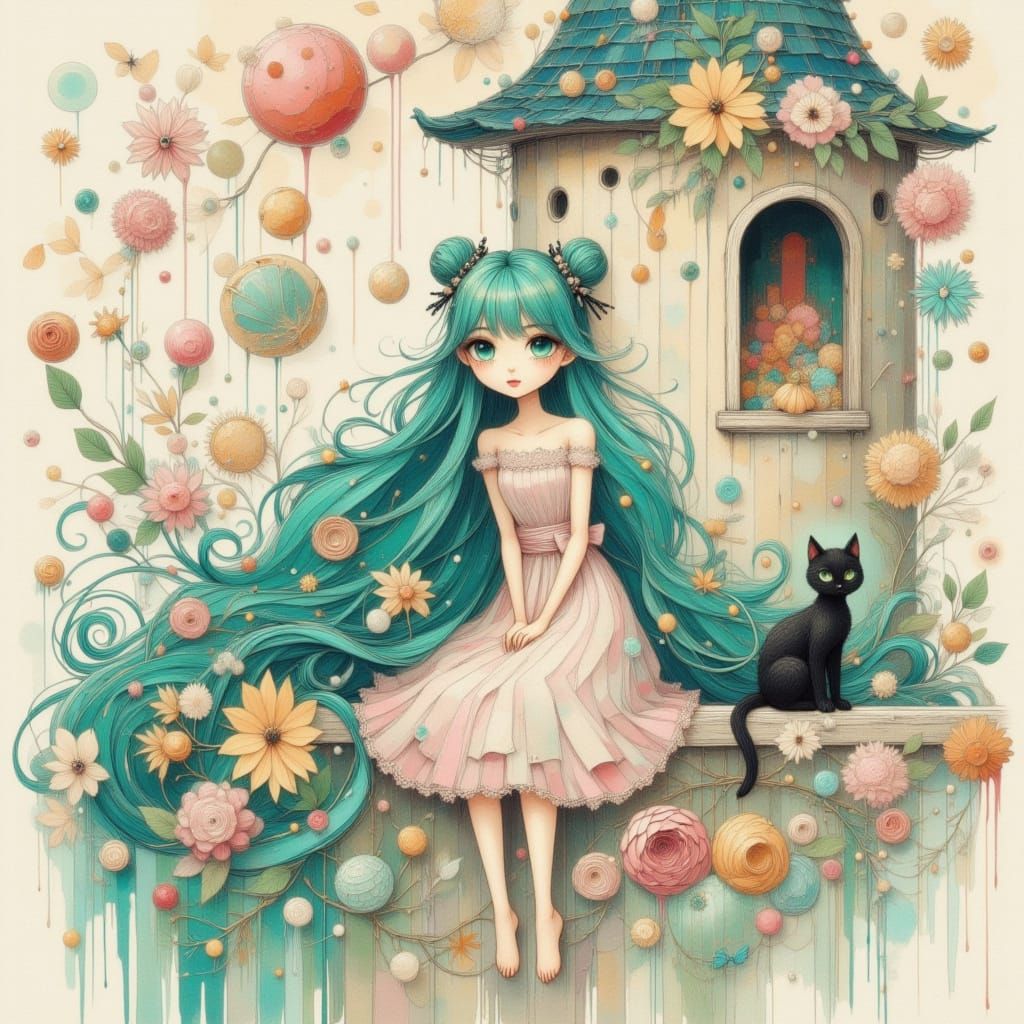 Anime Princess with Teal Hair and Black Cat