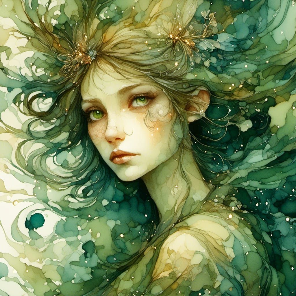a unique and expressive fairy, wild hair, green eyes and a c...
