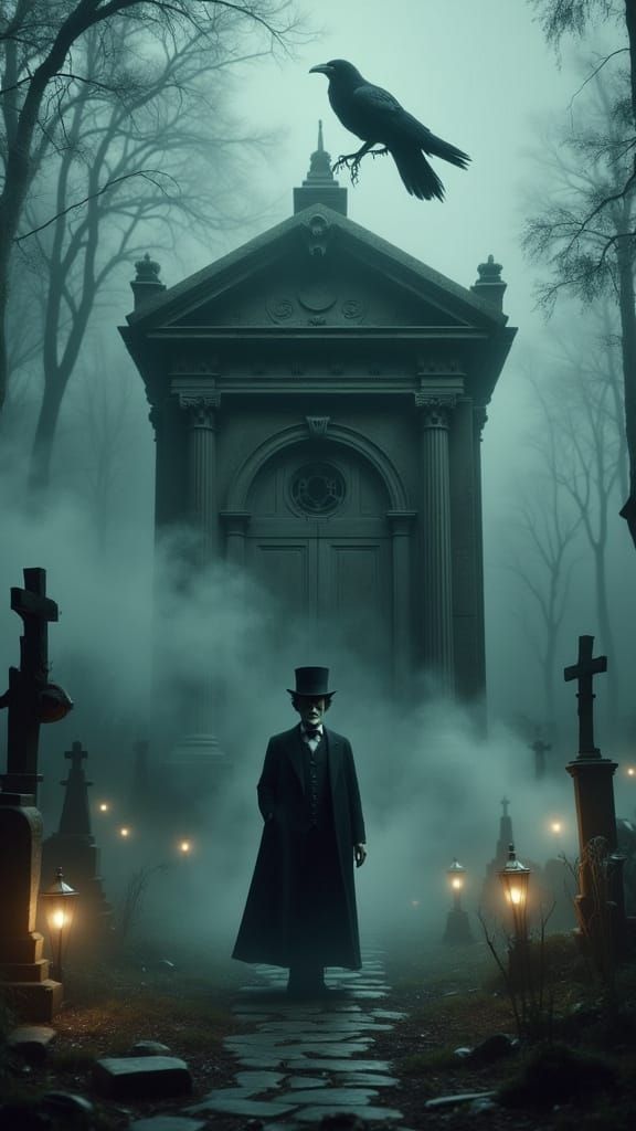 Eerie Cemetery Scene: Poe and Raven, Rutkowski Style