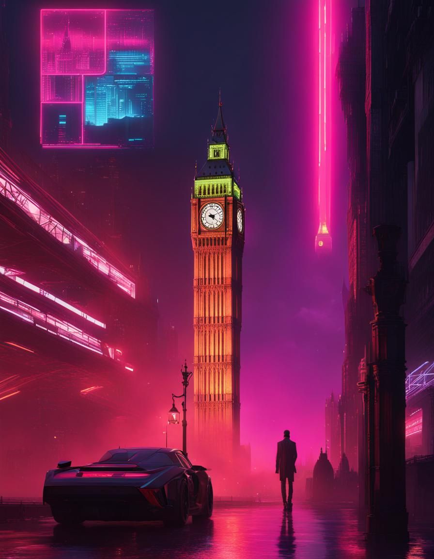 Cyberpunk Big Ben Tower in Neon London