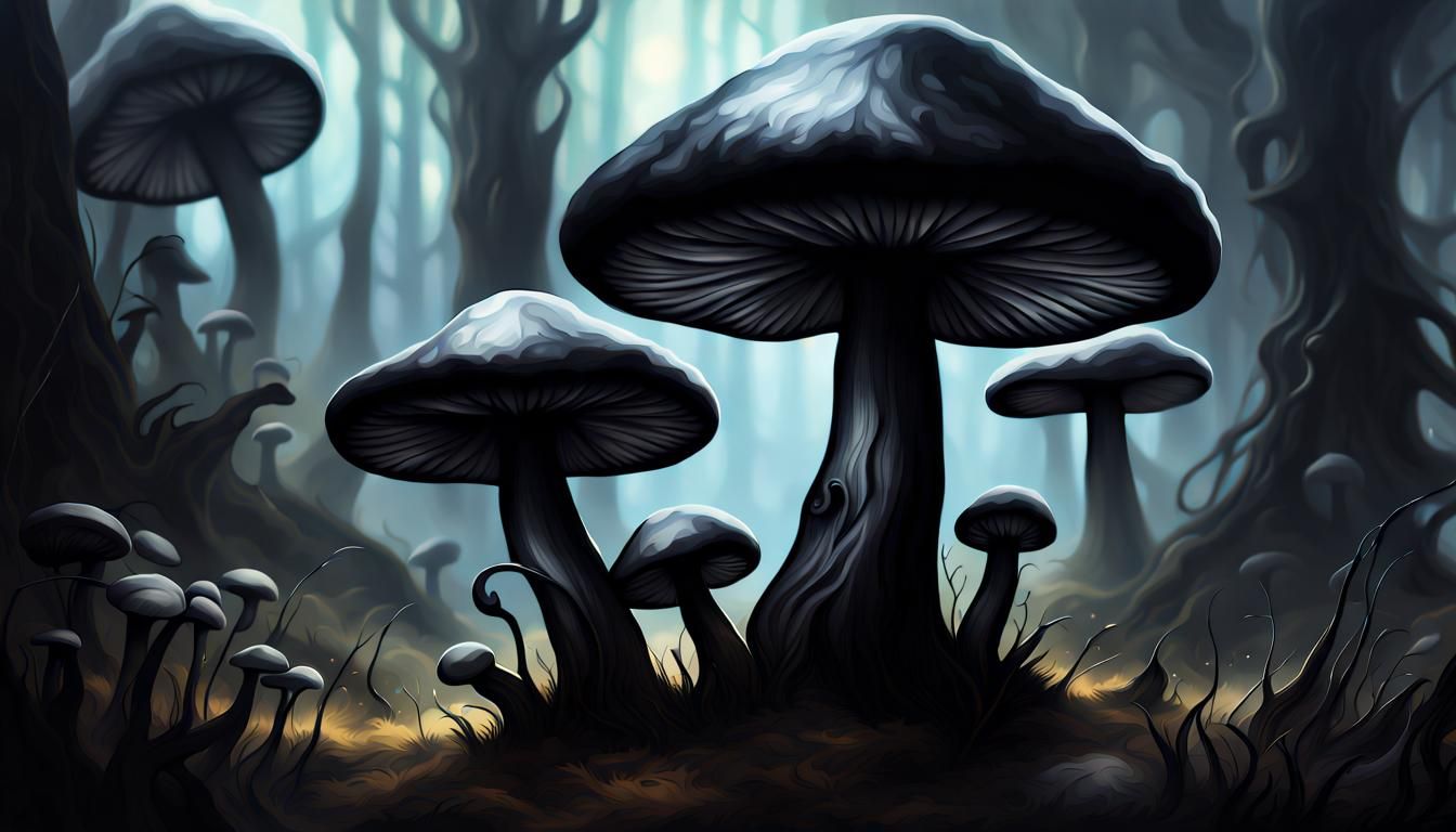 Ethereal Black Mushrooms in Dark Fantasy Oil Painting