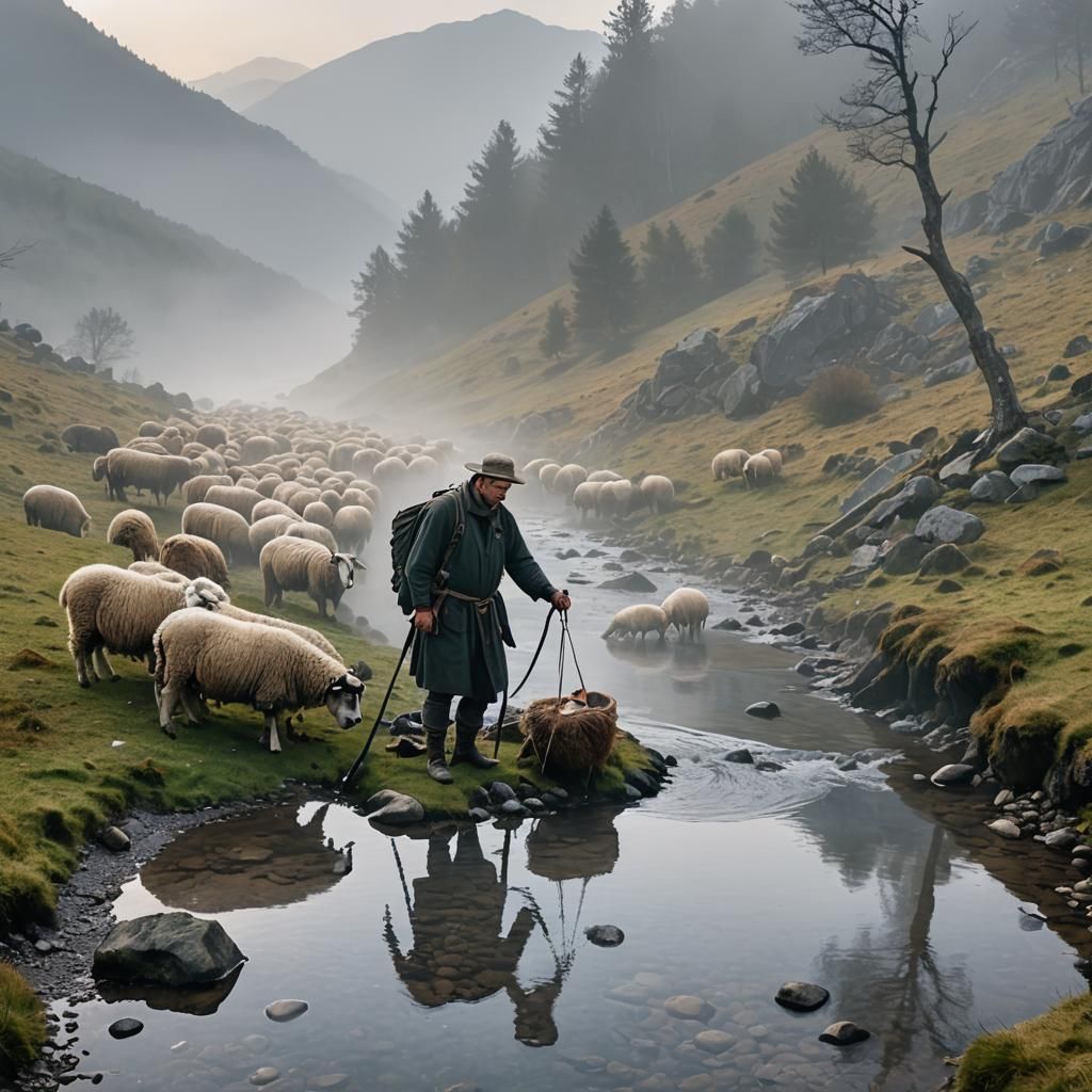 Shepherd and Sheep at Mountain Stream