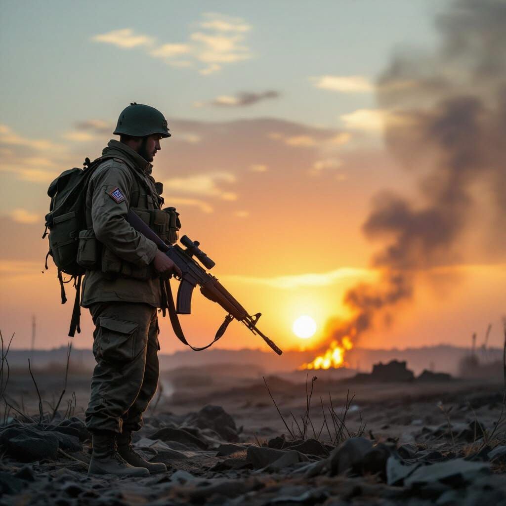 Defiant Soldier Stands on Fiery Battlefield