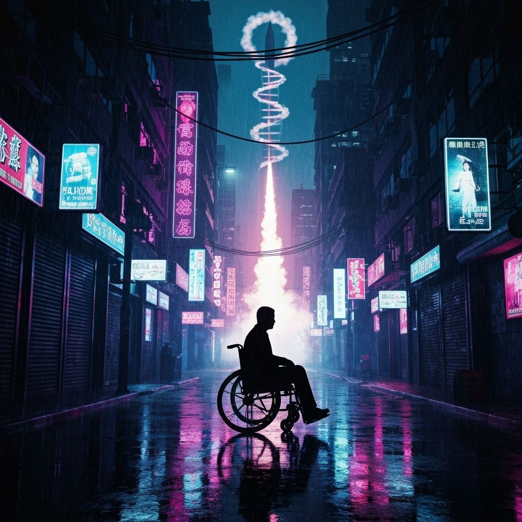 Cyberpunk Wheelchair Silhouette in Noir Metropolis