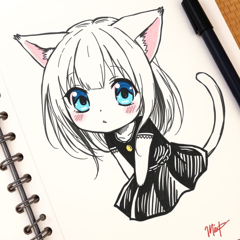 Anime Catgirl Sketch with Blue Eyes and Black Dress
