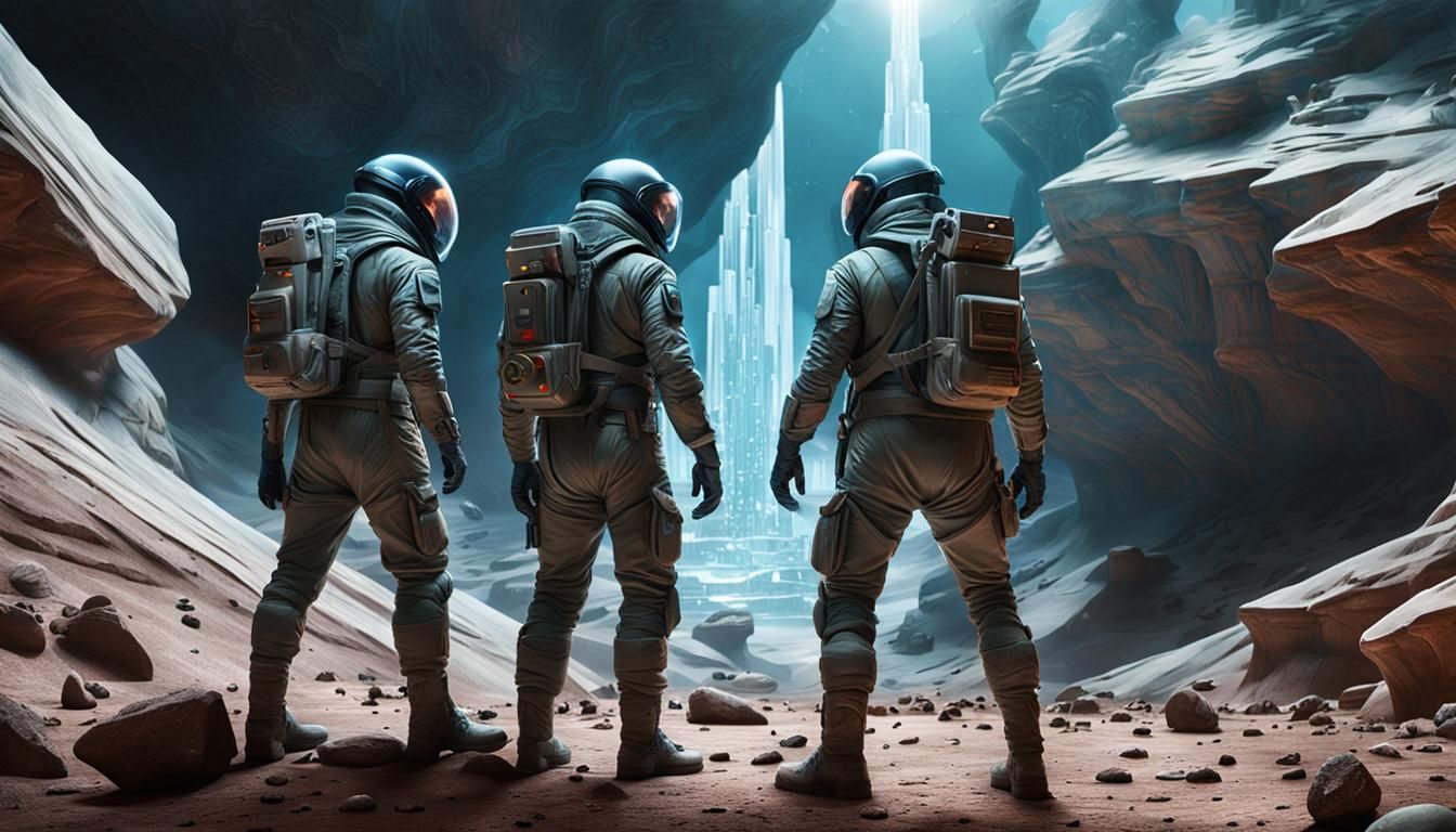 Futuristic Archaeologists Climb Crystal Cliff on Alien Plane...