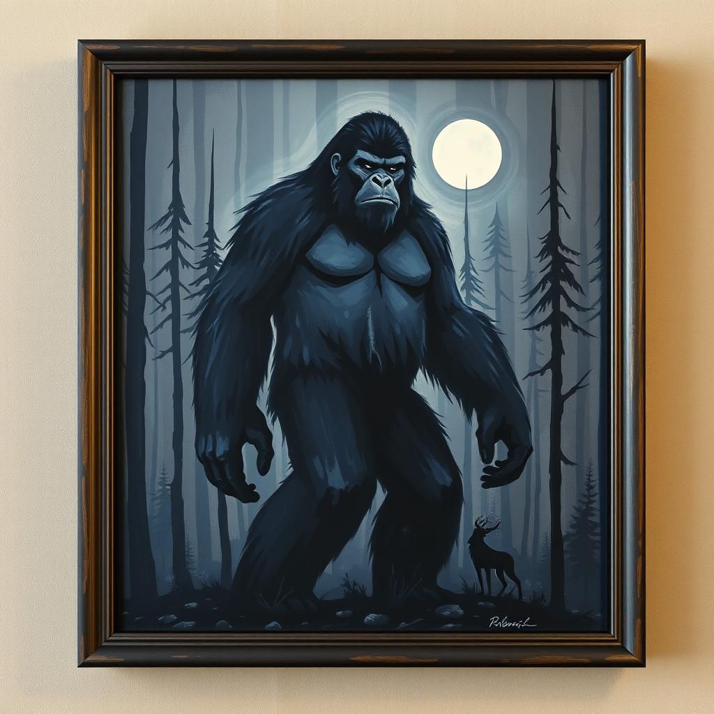 Majestic Bigfoot in Moonlit Forest: Cubist Painting