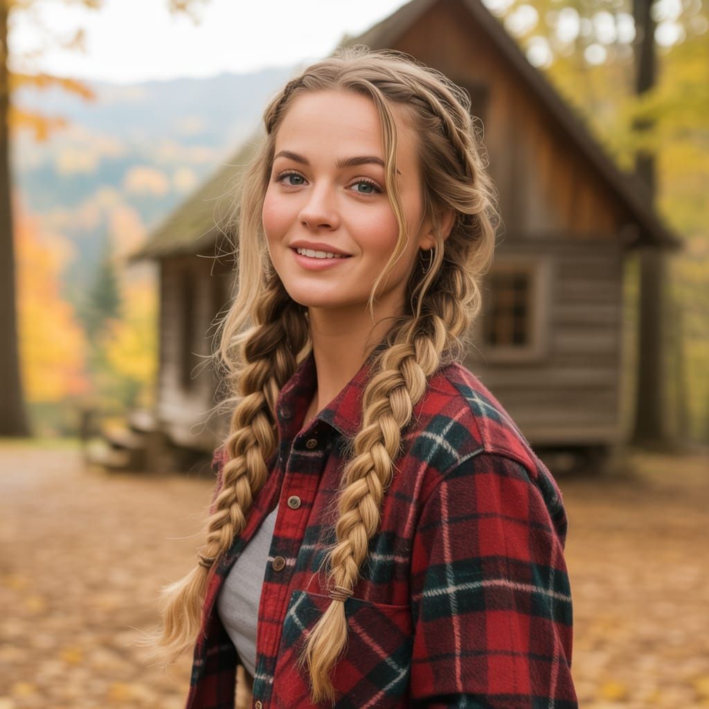 Cute Woman in Plaid Shirt in Autumn Forest