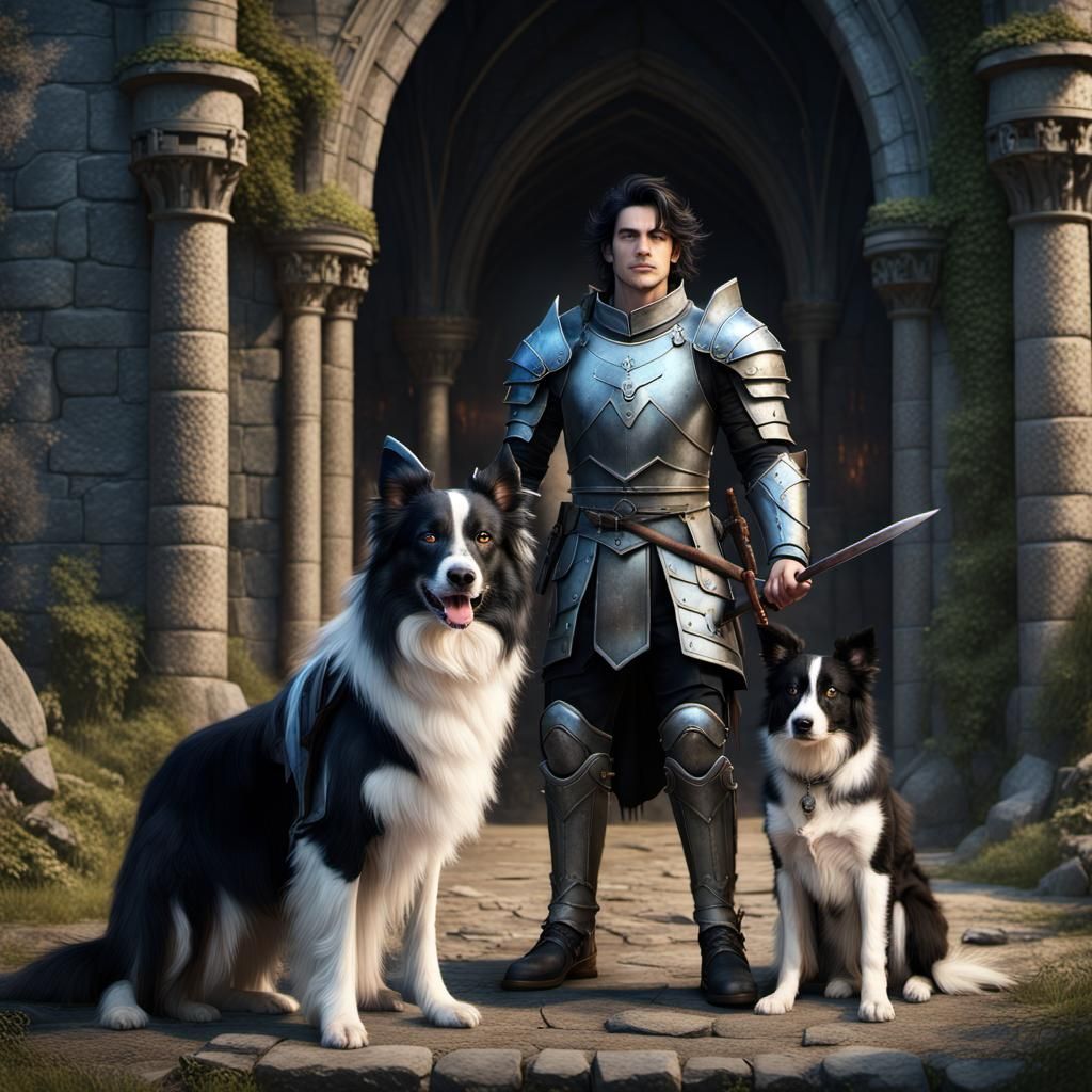 Warrior at the gate with his dogs