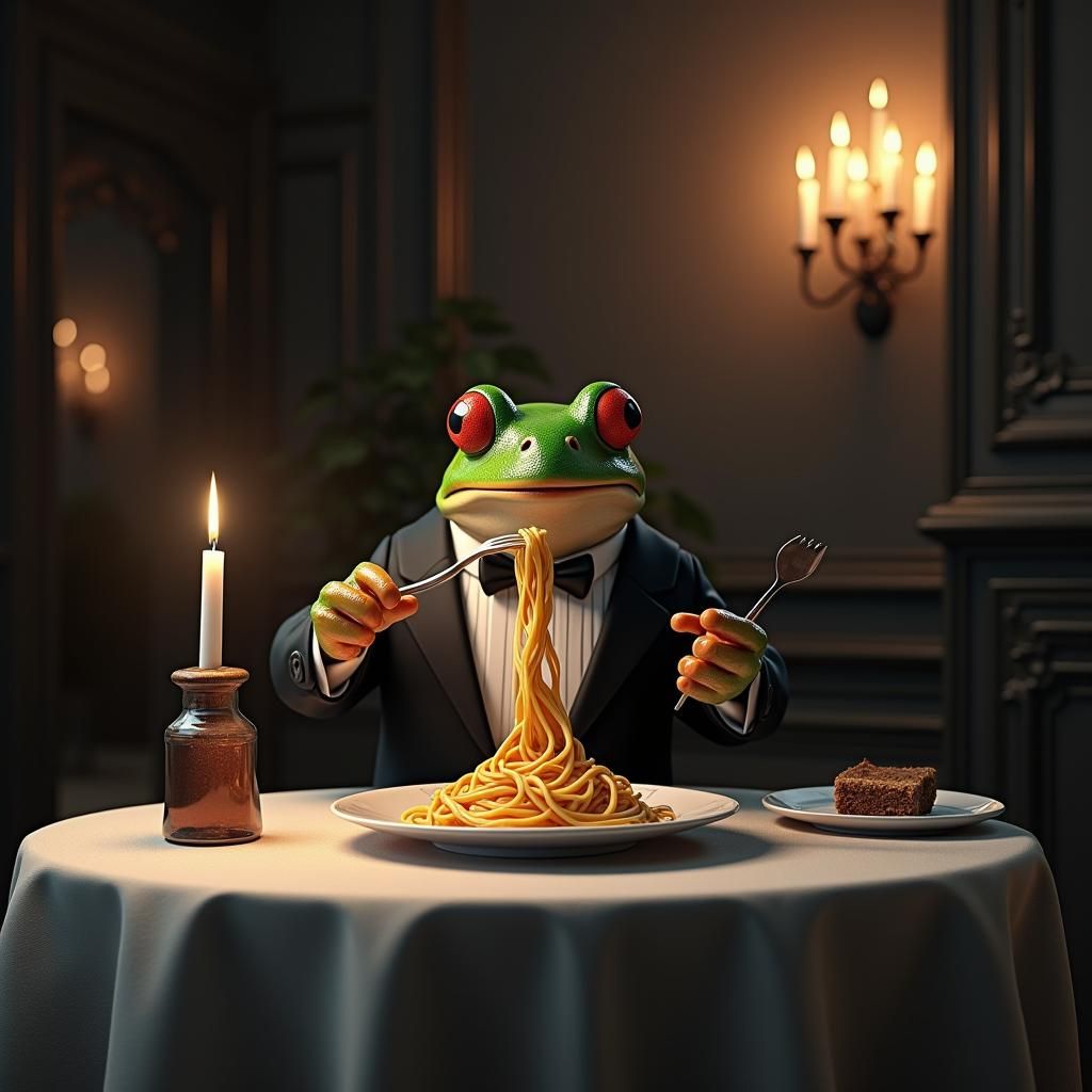 Frog's Whimsical Spaghetti Dinner in Black and White