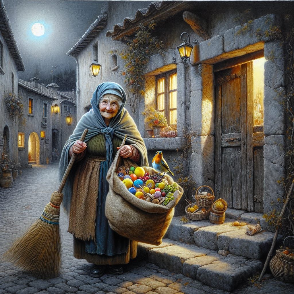 Elderly Woman Emerges from Italian Village Home at Night