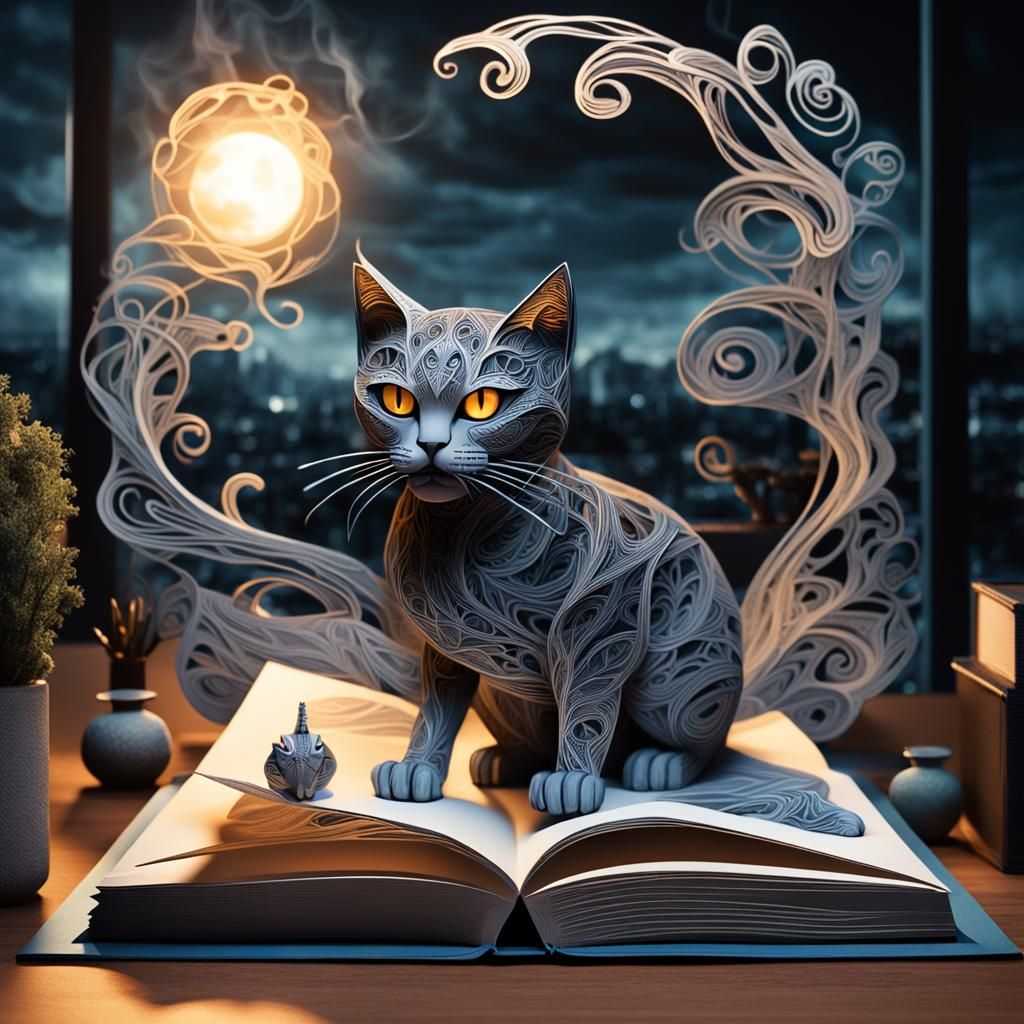 Intricate Pop-Up Book with Smoke Cat