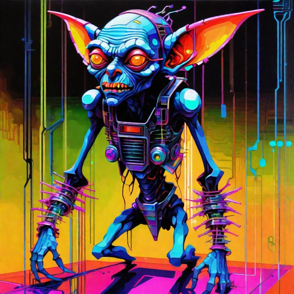 Retro-Futuristic Glitch Goblin in Cyberpunk Style