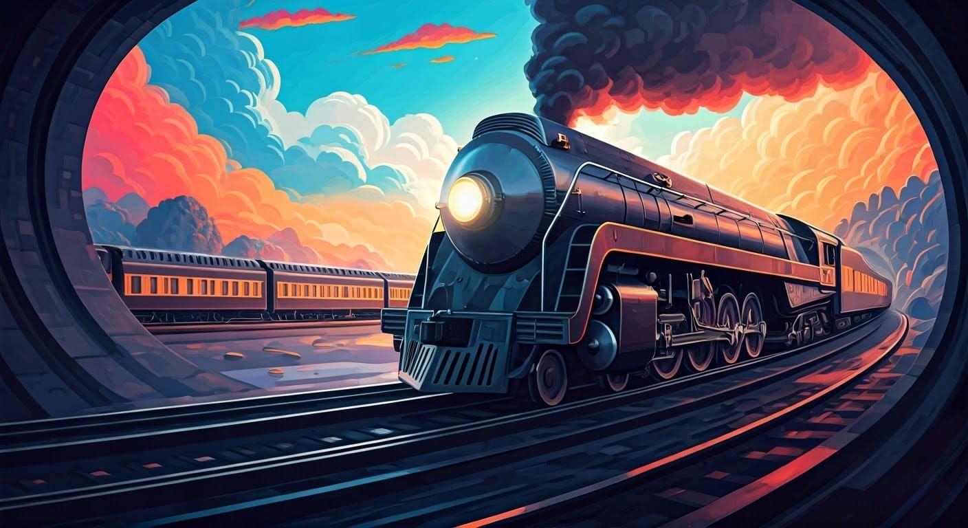 Luxurious Train Speeds Through Art-Deco Tunnel in Psychedeli...
