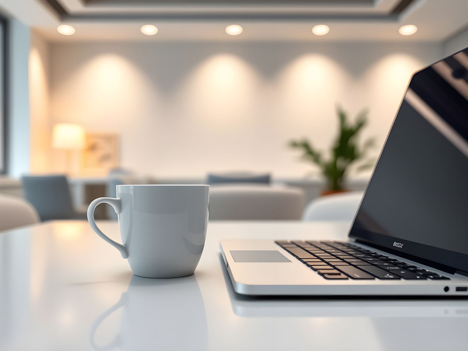 Hyperrealistic Coffee Cup and Laptop in Clean Office