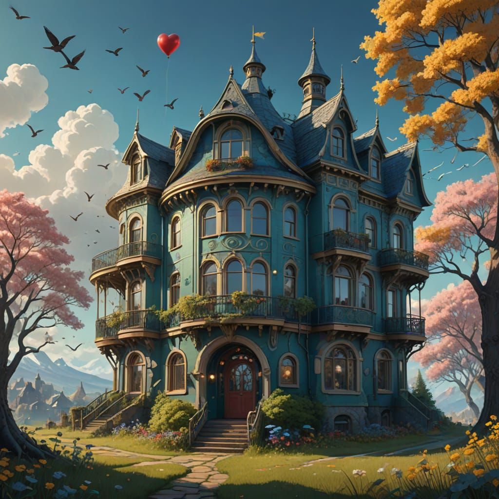 Ethereal Surrealist Mansion with Whimsical Facades and Dream...
