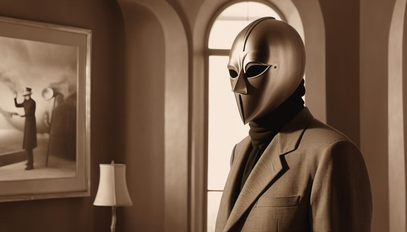 Masked Figure in Sepia Surrealist Movie Scene