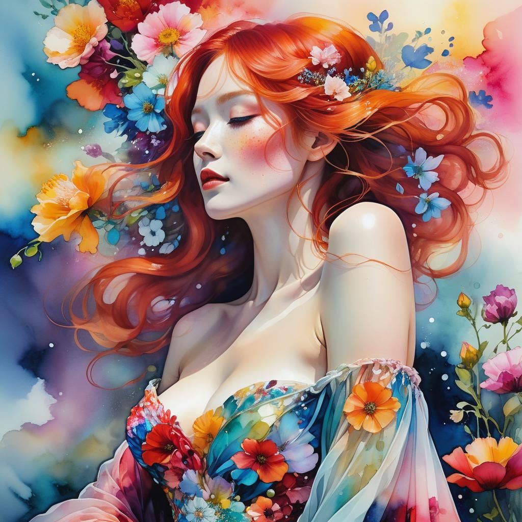 Ethereal Redhead in Floral Sunrise, Alcohol Ink Art