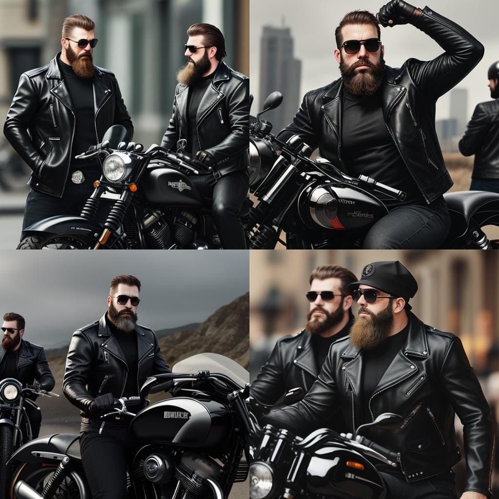 Burly Bearded Bikers in Black Leather Jackets