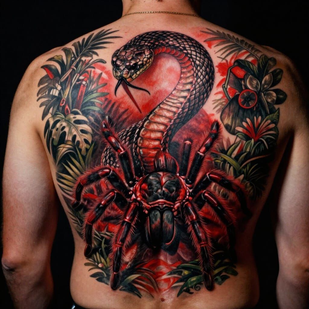 Realistic Snake and Tarantula Tattoo Design in Red and Black
