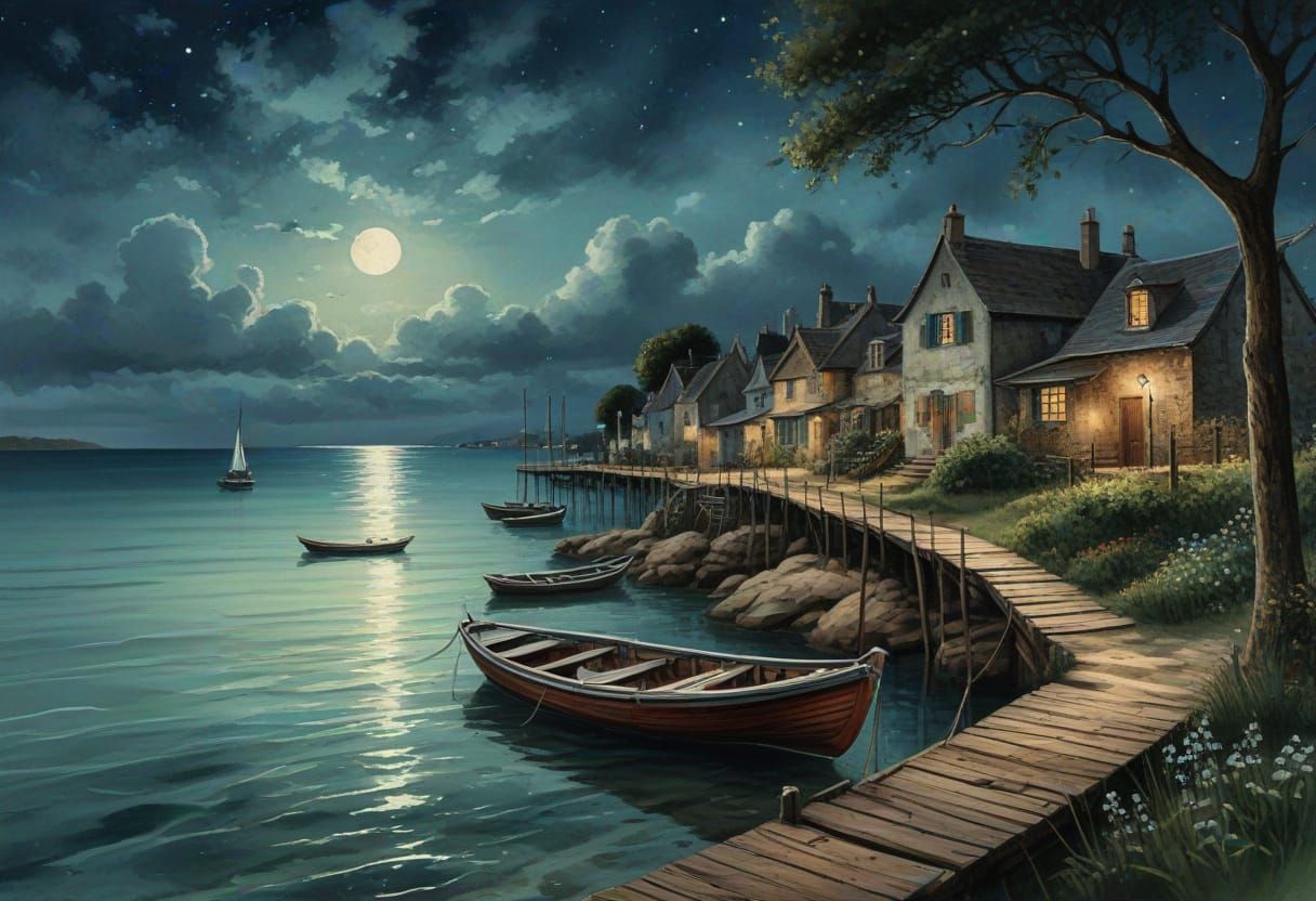 Ethereal Seaside Village in Moonlit Digital Art