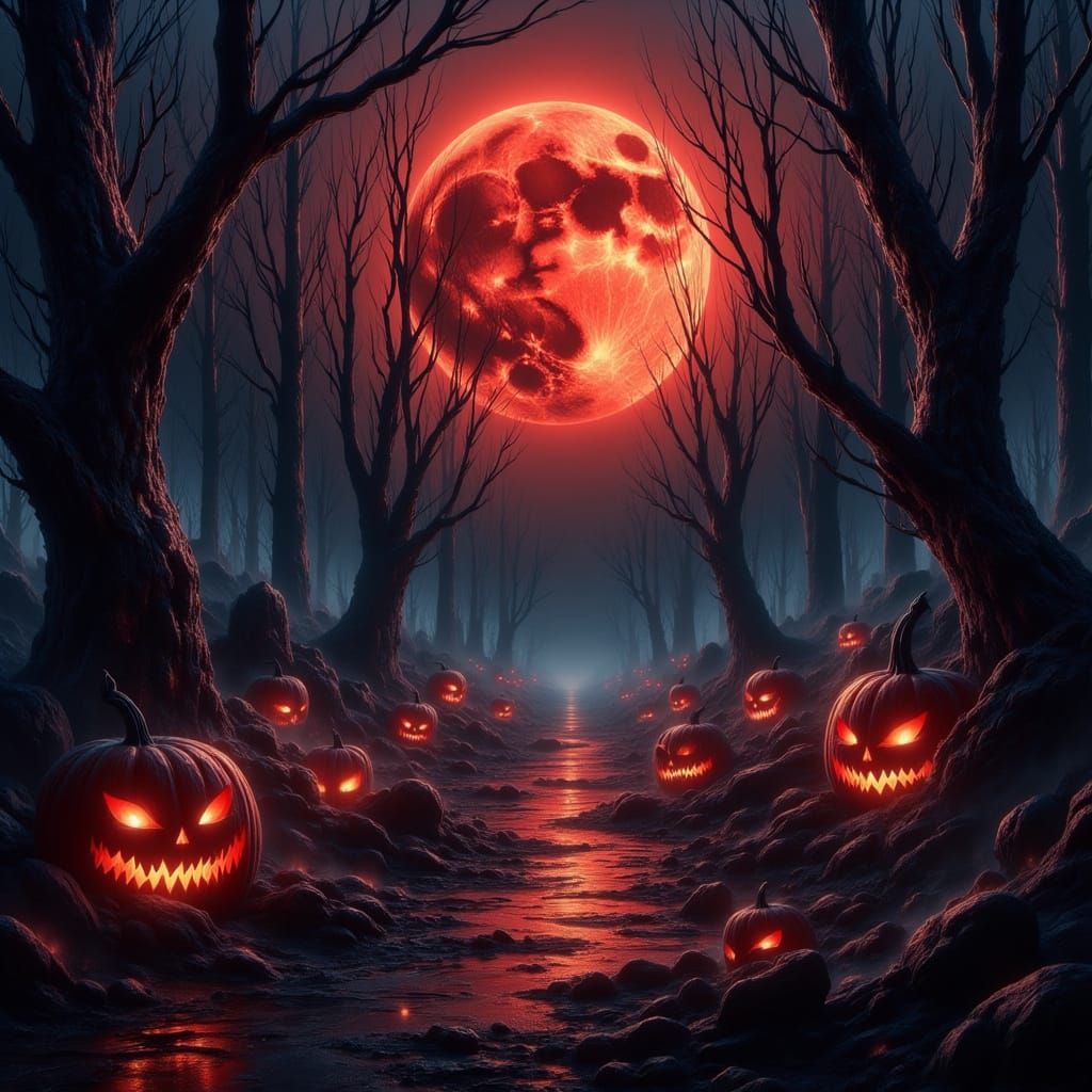 Ominous Autumnal Landscape with Jack-o'-Lanterns