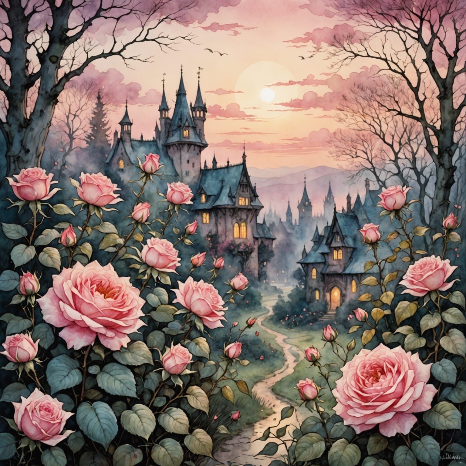 Whimsical Roses at Dawn in Watercolor