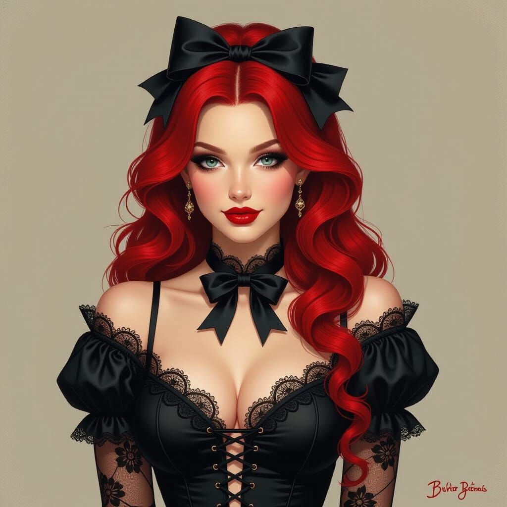 Goth Tiefling with Red Hair and Black Bows
