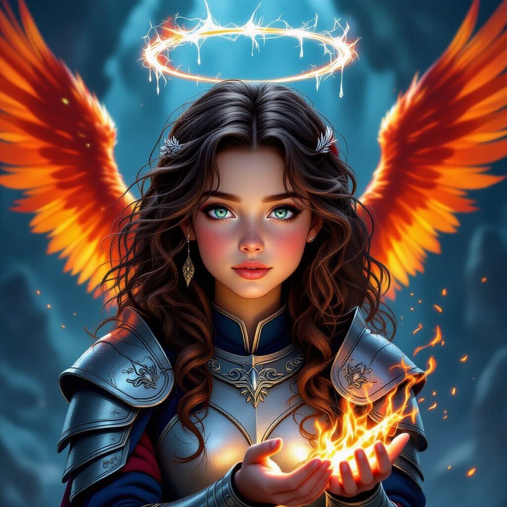 Fantasy Warrior Girl With Fiery Phoenix Wings