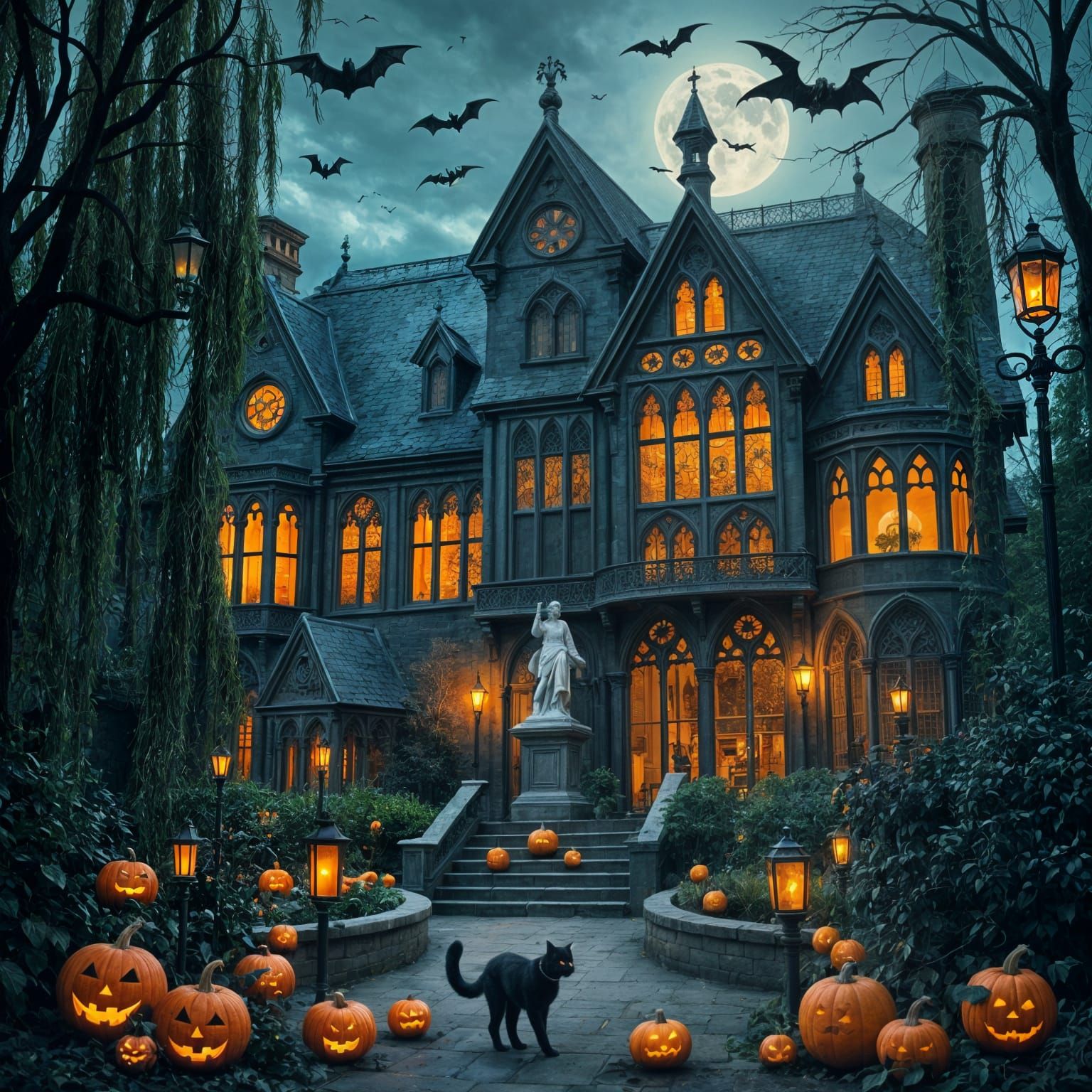 Eerie Gothic Mansion with Black Cat and Pumpkins