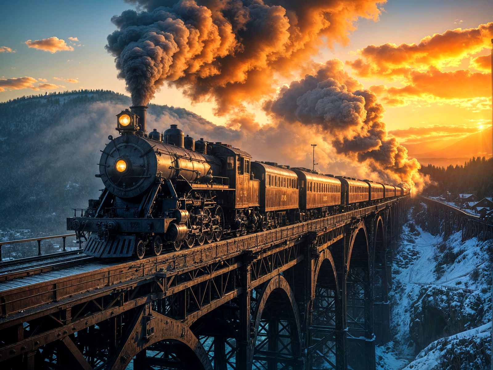 19th Century Train on Steel Bridge at Magic Hour