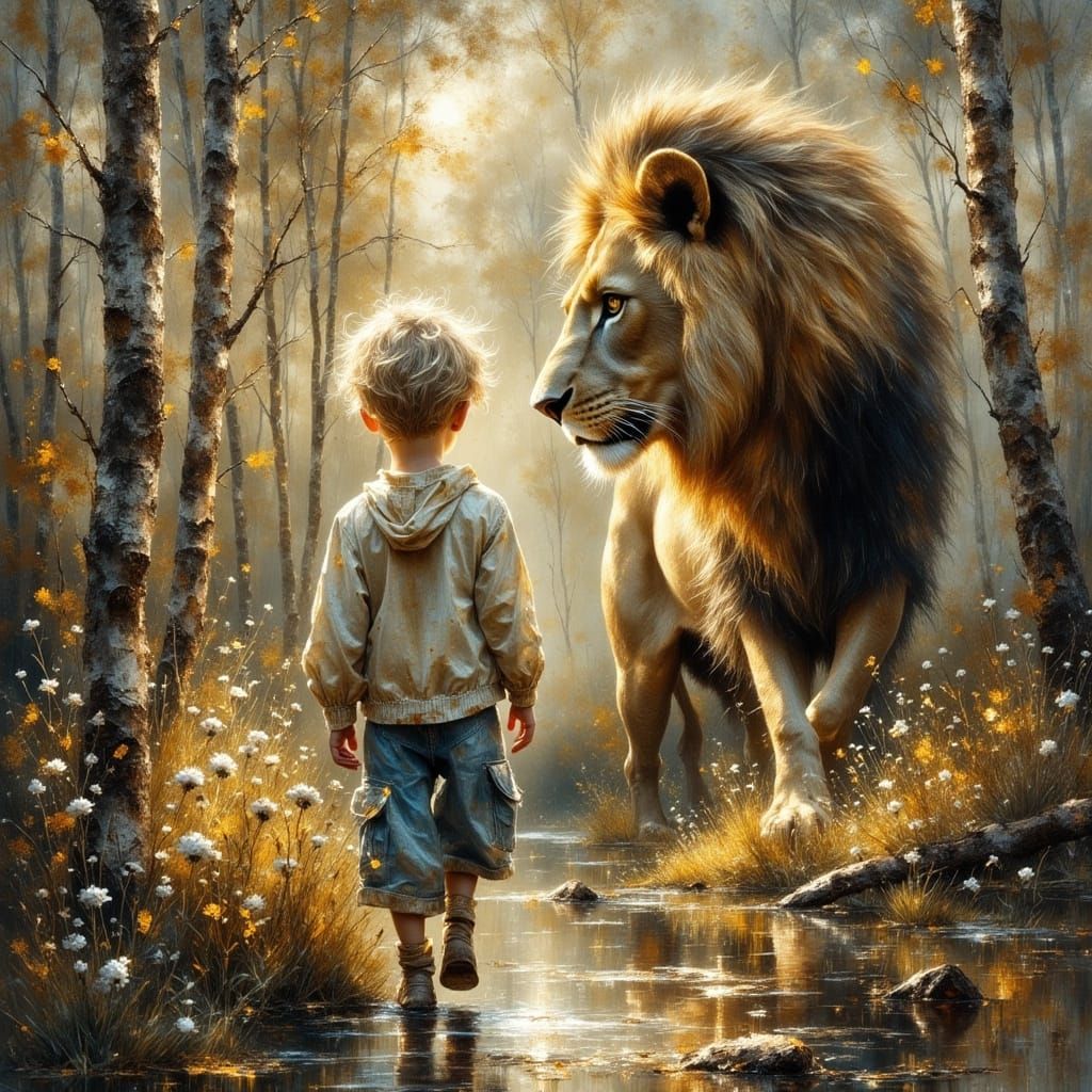 Child Meets Lion in Ethereal Forest
