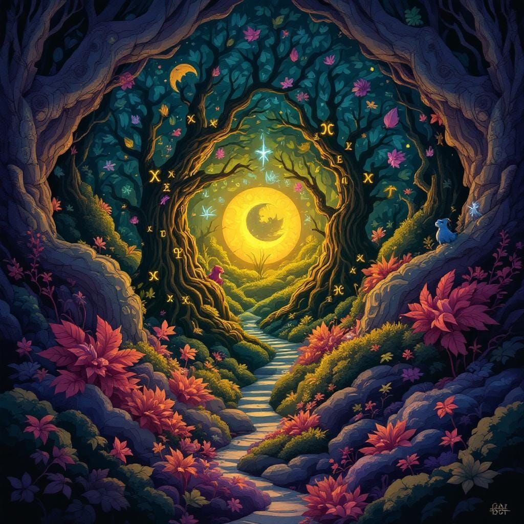 Miniature Forest Thrives in Celtic Tome, Dark Fantasy Art