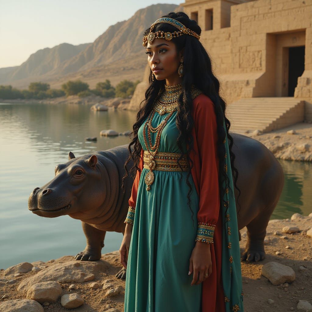 Egyptian Goddess Taweret Poses Amidst Ancient Temple