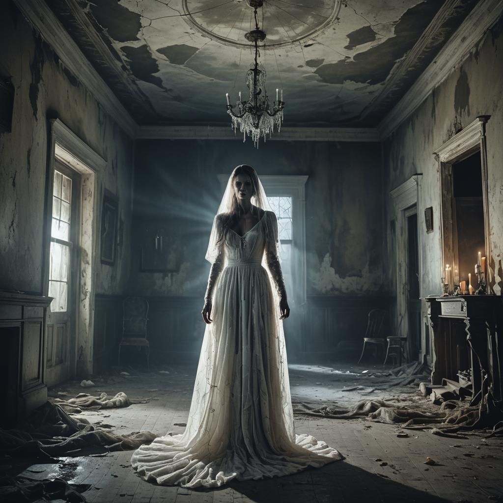 Ghostly Figure in Abandoned Mansion, Surrealist Image