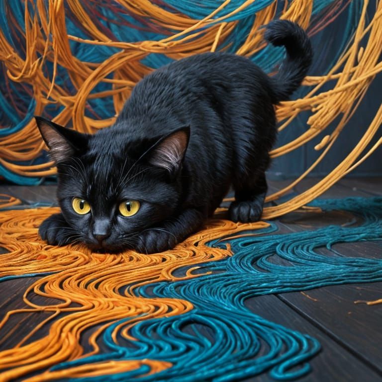 Black Cats Unfurling Yarn Ball: Abstract Art