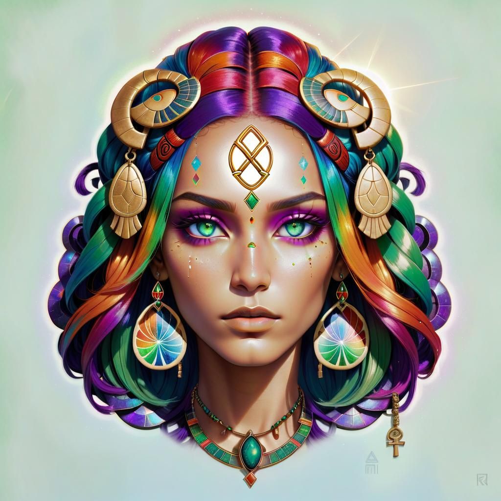 Contemplative Woman with Ankh in Art Deco Mandala