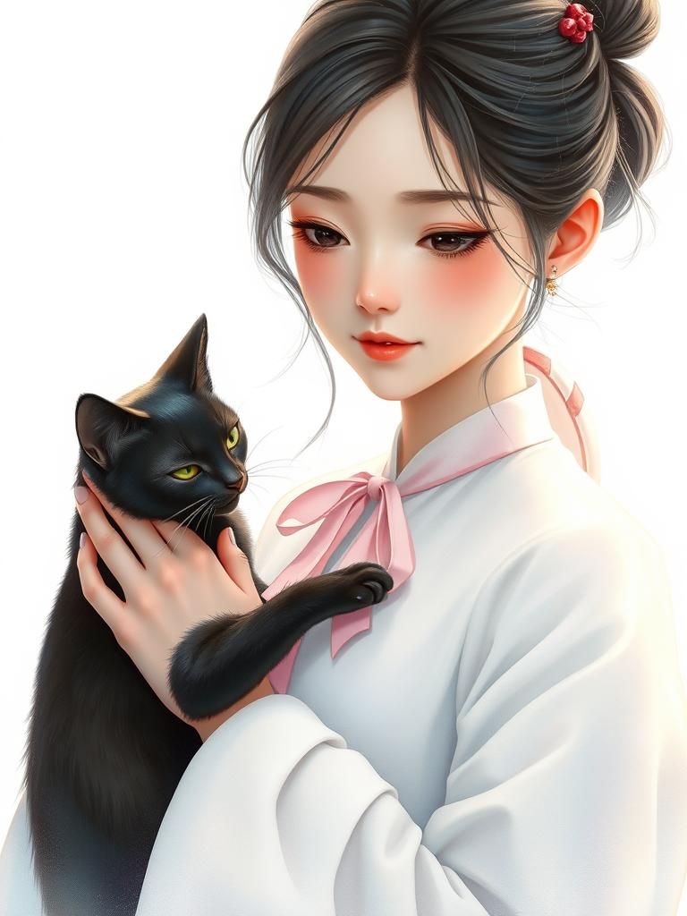 Woman with Cat: Ethereal Anime Watercolor Art