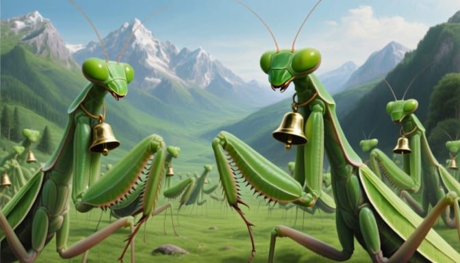 Giant Bell-Wearing Mantises in Alpine Valley