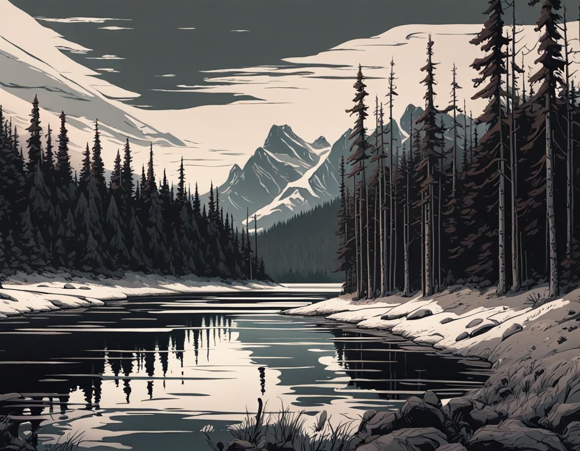 Canadian Wilderness: Detailed Line Art Matte Painting