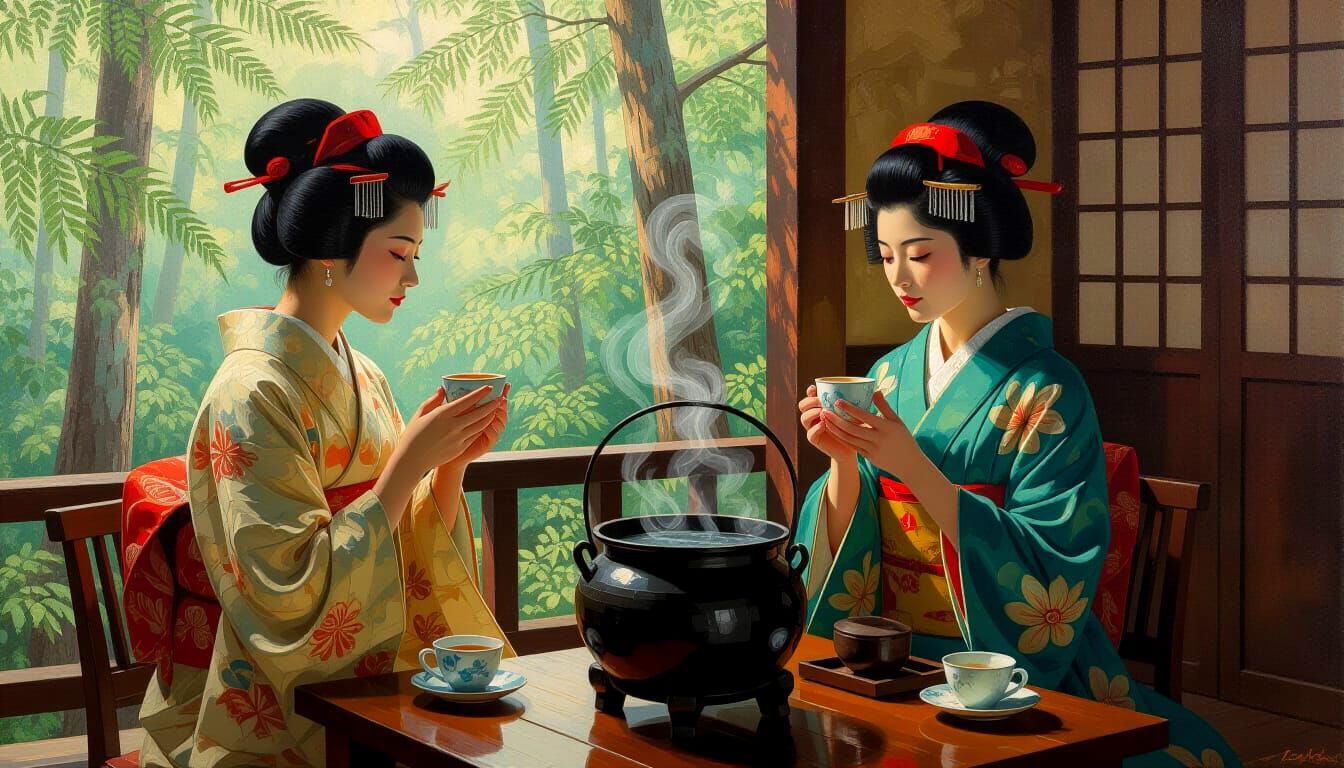 Japanese Tea Ritual with Ferns and Cauldron